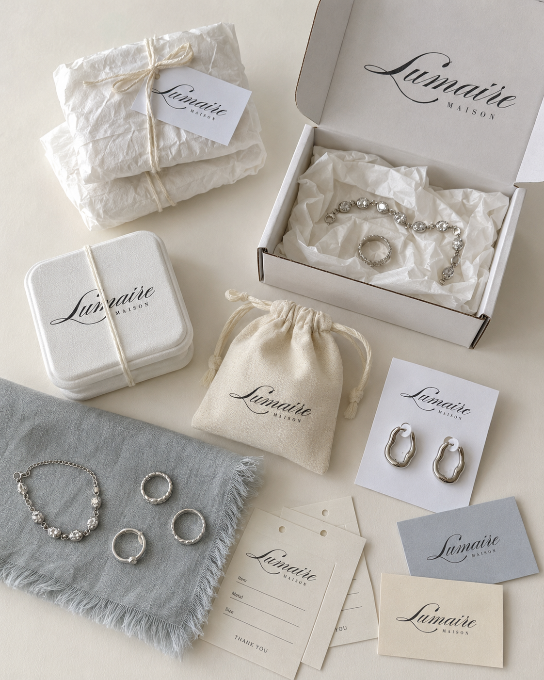 A styled flat-lay of jewelry packaging and accessories from Lainaire Maison, featuring silver rings, bracelets, and earrings arranged with branded white boxes, a cream drawstring pouch, a gray fringed cloth, and matching cards on a light beige background.