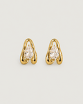 Pair of clear gemstone earrings with gold accents on a white background
