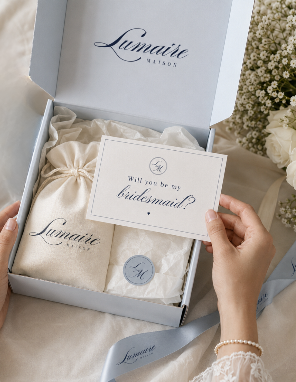 A bridal shower gift set from Lumaire Maison presented in a light gray box, held open by two hands. The set includes a cream satin drawstring bag, a cream satin napkin, a cream gift tag that reads 'Will you be my bridesmaid?', a small round silver seal, and a dusty blue ribbon.
